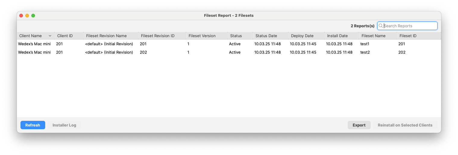 Fileset Report window for two selected Filesets showing Fileset Name and Fileset ID columns in addition to client and revision status columns