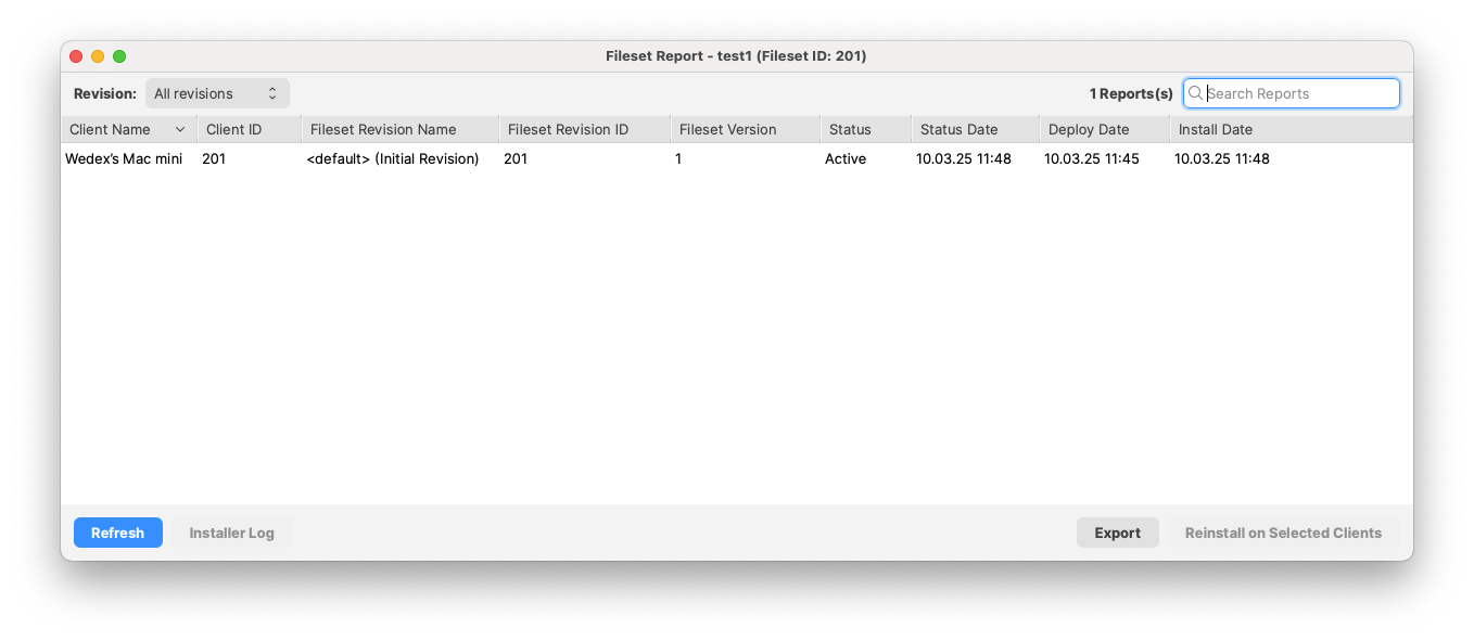 Fileset Report window for one selected Fileset showing client, revision, status, deploy, and install date columns