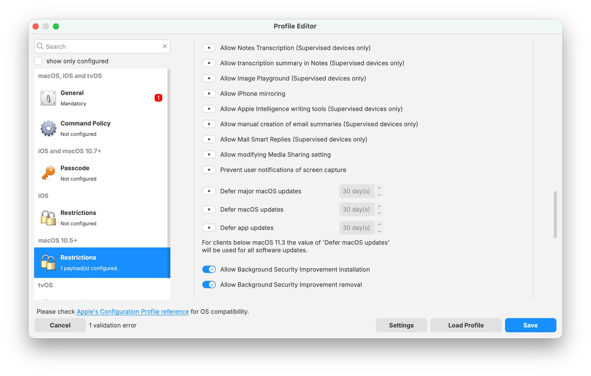 FileWave 16.3.0 macOS Restrictions payload showing Background Security Improvement installation and removal options