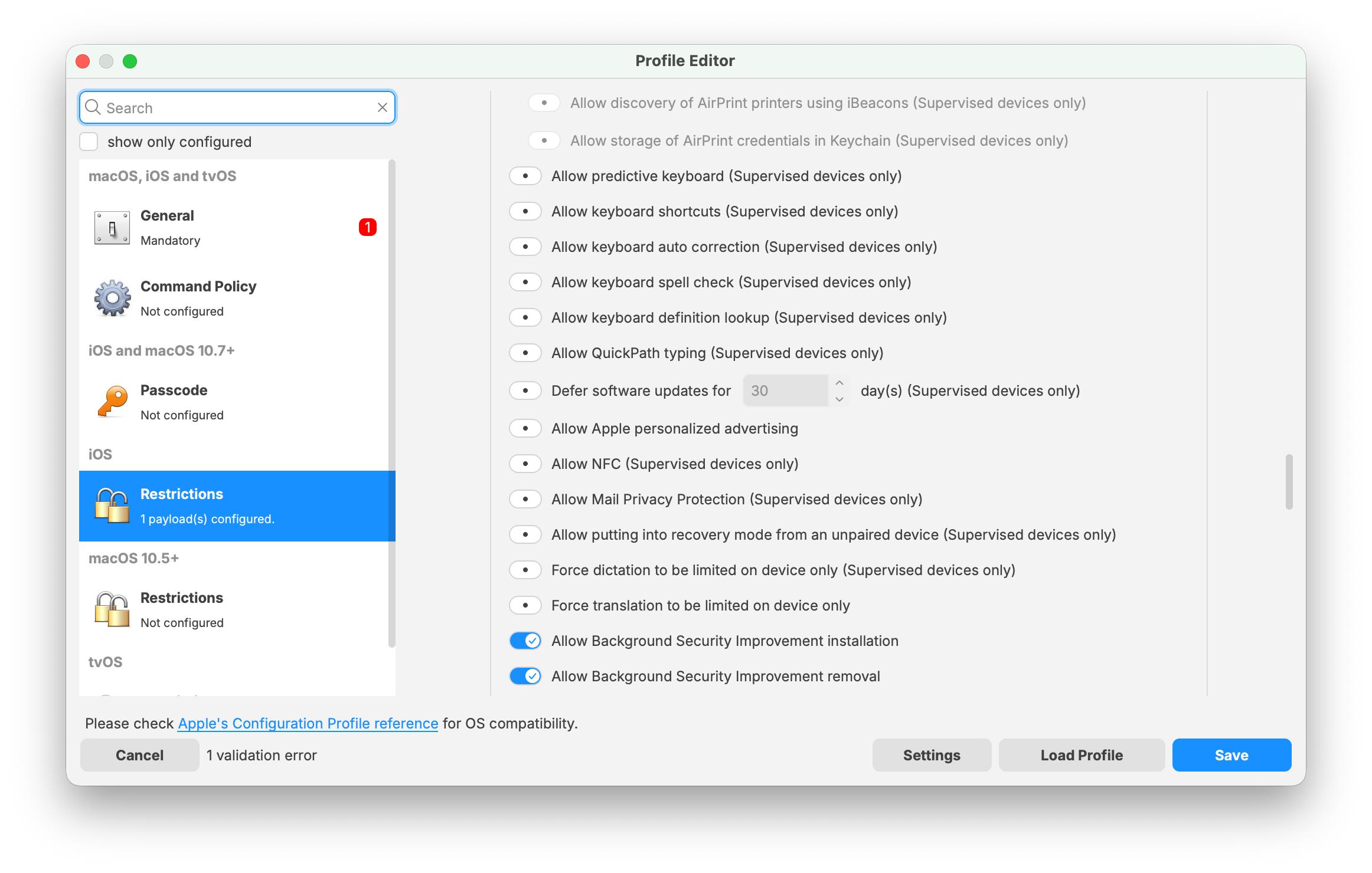 FileWave 16.3.0 iOS Restrictions payload showing Background Security Improvement installation and removal options