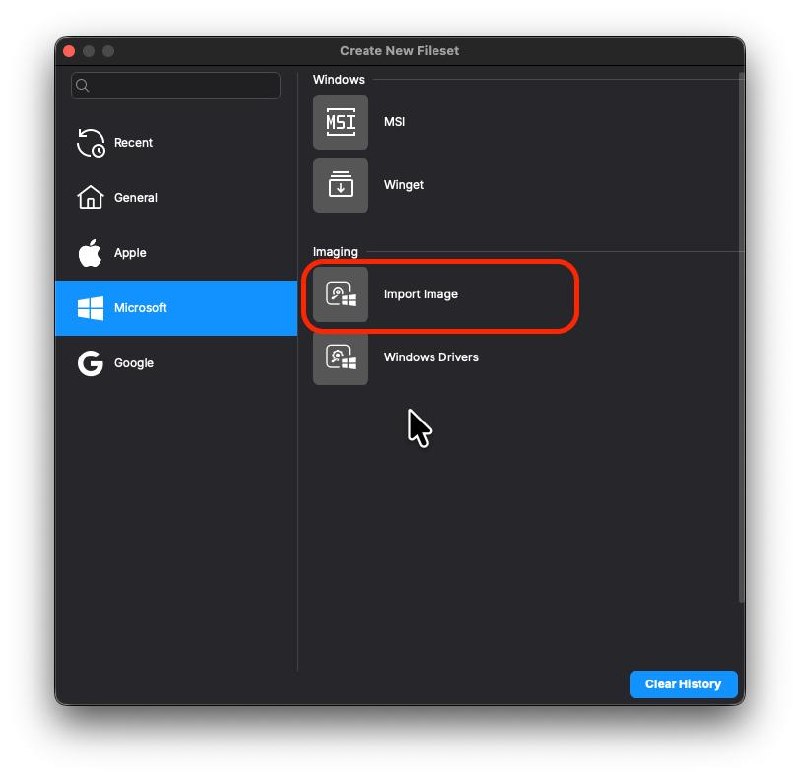 Create New Fileset showing the Microsoft > Import Image option