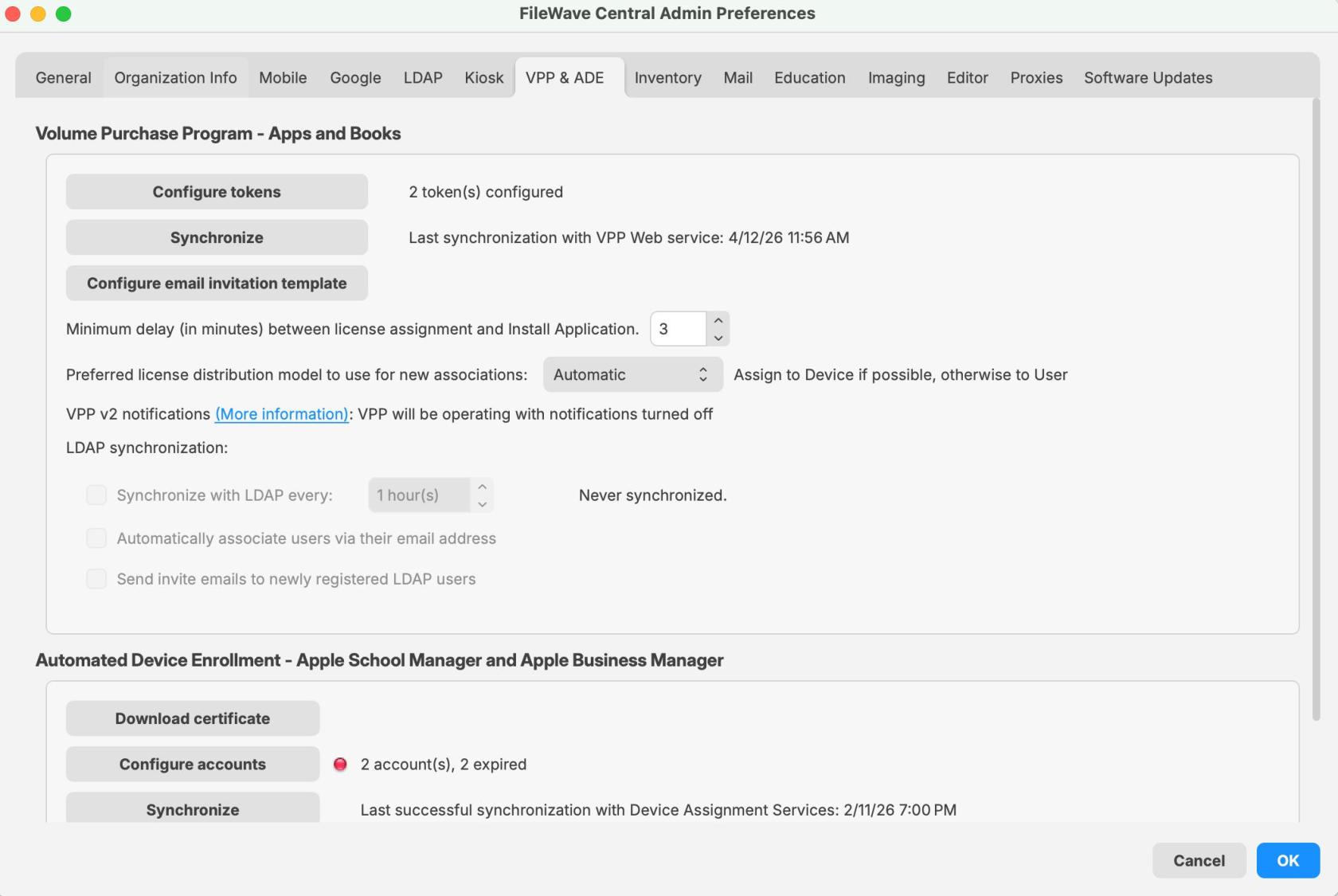 FileWave 16.3 VPP and ADE preferences showing VPP v2 notifications status without a manual checkbox