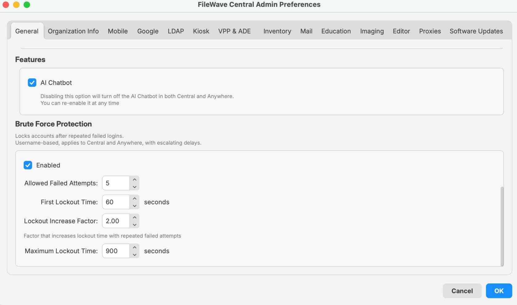 FileWave Central Admin Preferences showing the Brute Force Protection settings