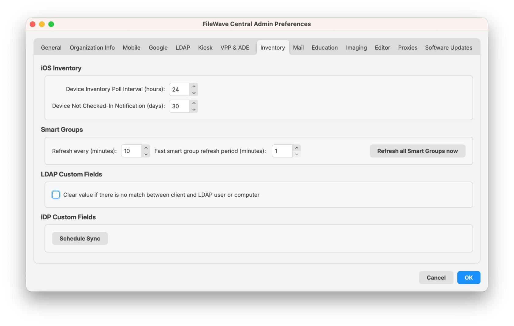 FileWave Central Admin Preferences Inventory tab with iOS Inventory, Smart Groups, LDAP Custom Fields, and IDP Custom Fields settings