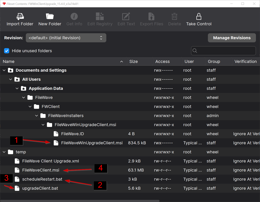 Example Windows Client upgrade fileset contents