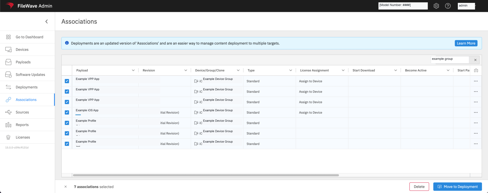 Sanitized FileWave Associations list showing selected associations with matching deployment metadata