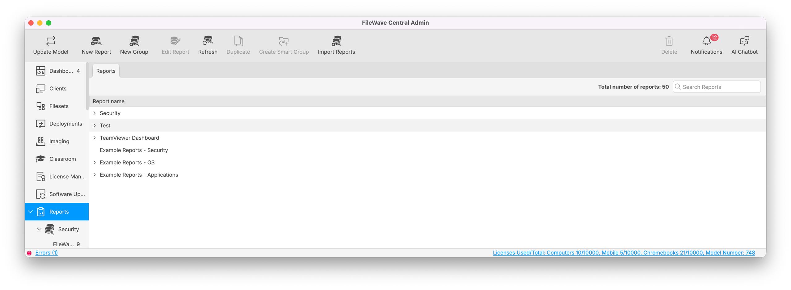 FileWave Central Reports area showing the Import Reports button