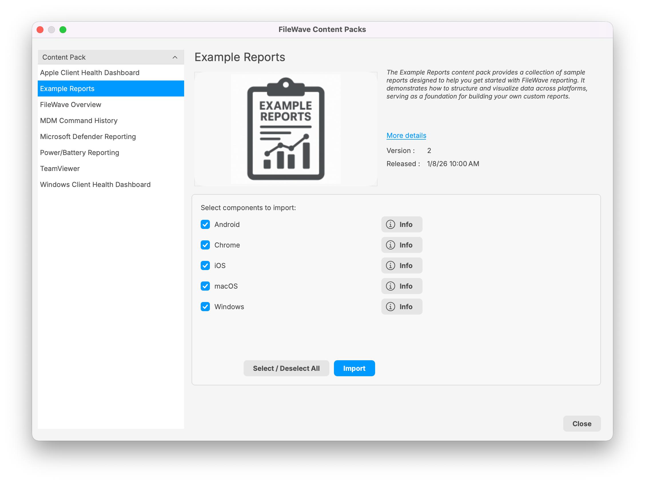 FileWave Content Packs window showing the Example Reports content pack