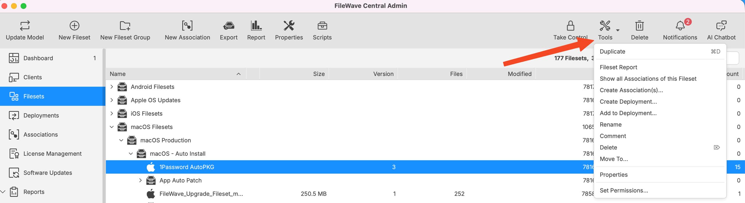 FileWave Central Fileset Tools menu showing duplicate, report, association, deployment, rename, comment, delete, move, properties, and permissions options