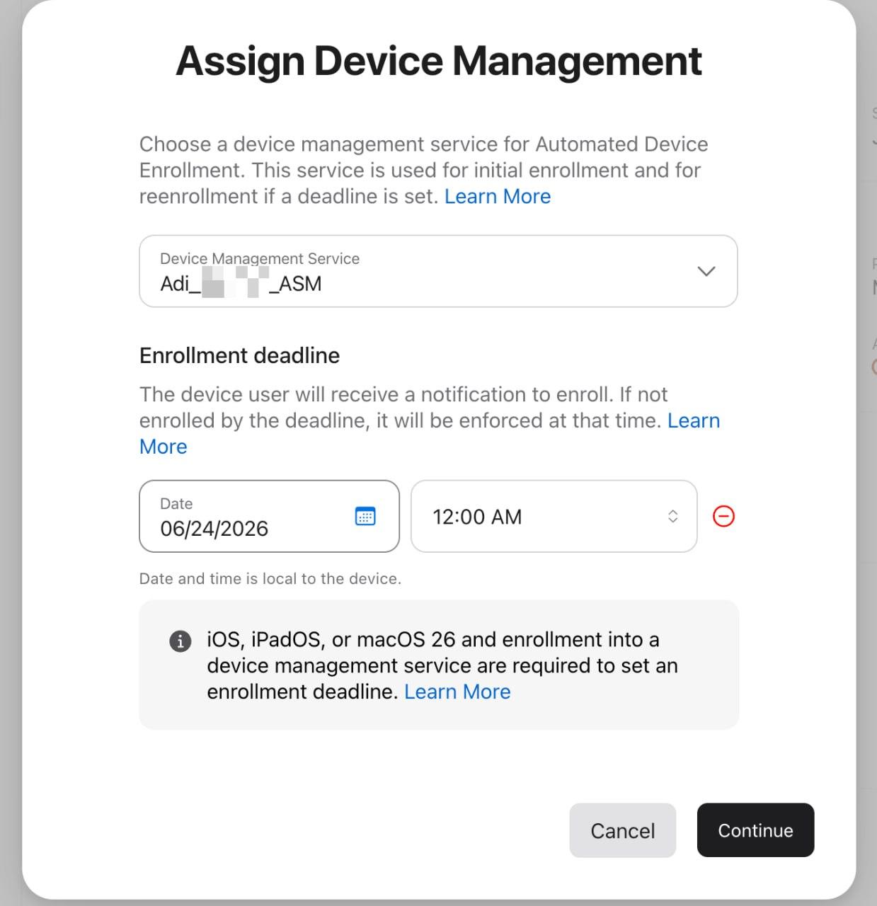 Apple Business Manager Assign Device Management dialog showing Device Management Service and Enrollment deadline fields