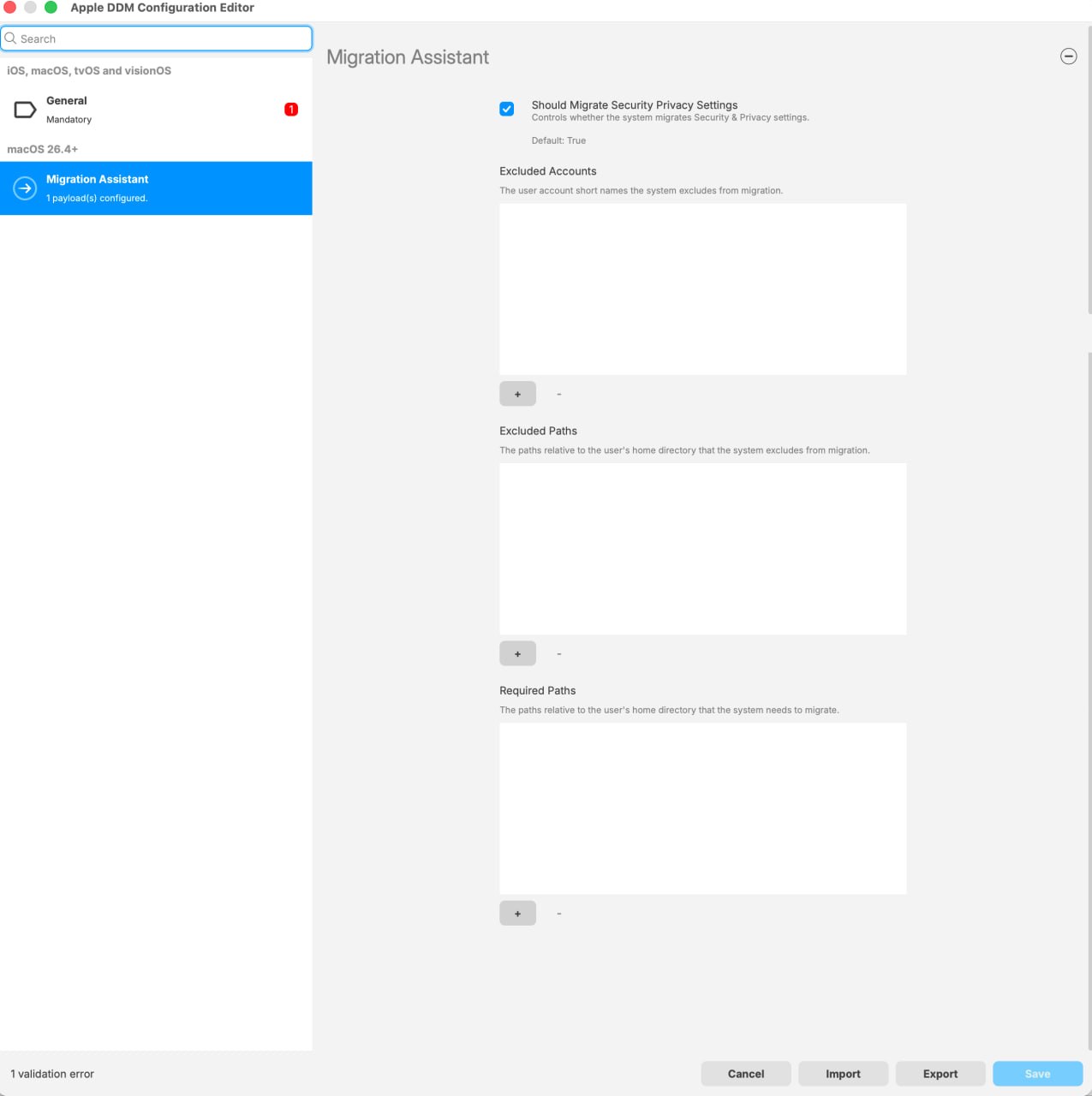 FileWave 16.4 Apple DDM Configuration Editor showing Migration Assistant controls for Security and Privacy settings, excluded accounts, excluded paths, and required paths