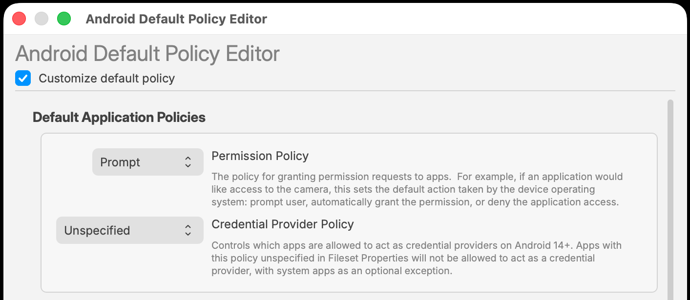 Android Default Policy Editor showing Permission Policy and Credential Provider Policy