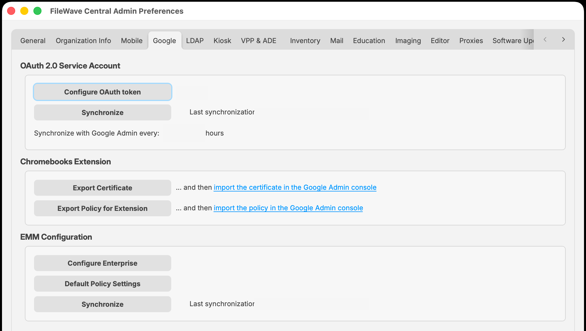 FileWave Central 16.4 Preferences Google tab showing EMM Configuration and Default Policy Settings