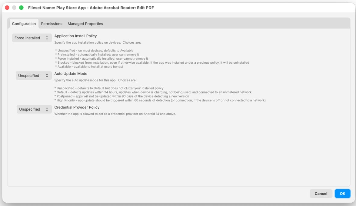 Android Play Store app Fileset Properties Configuration tab with Application Install Policy, Auto Update Mode, and Credential Provider Policy