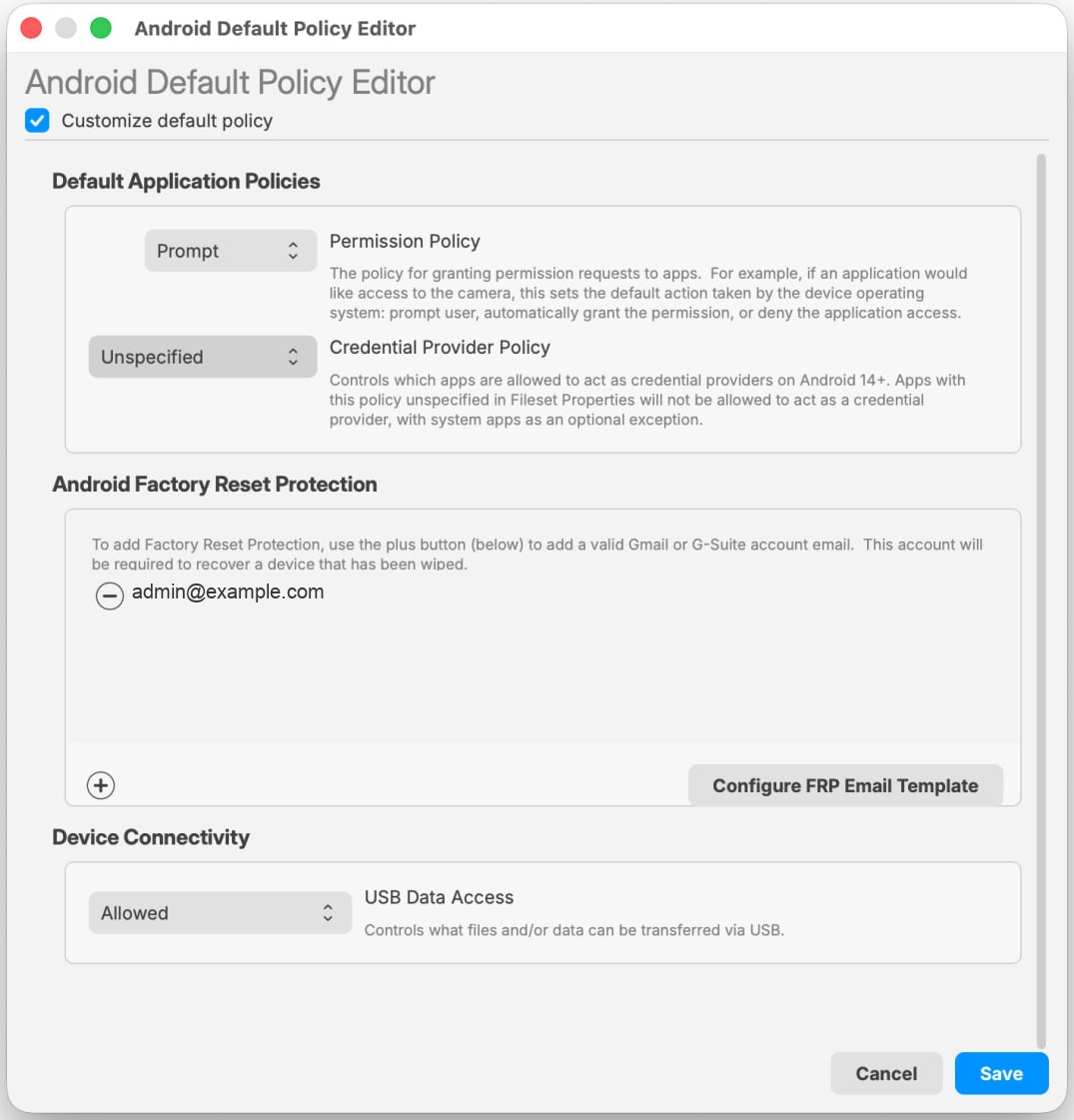 Android Default Policy Editor showing application policies, Factory Reset Protection, and USB Data Access