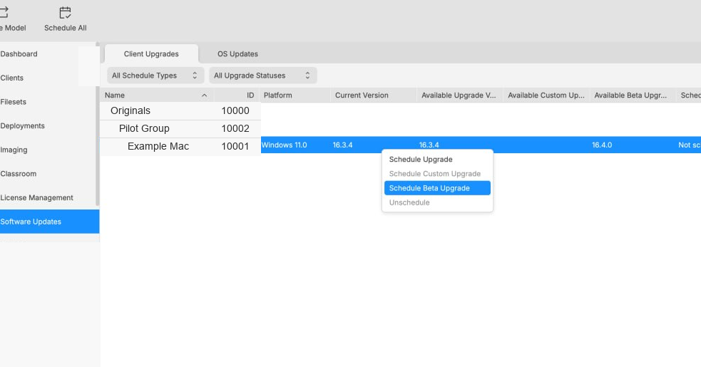 FileWave Central 16.4 Client Upgrades right-click menu with Schedule Beta Upgrade selected
