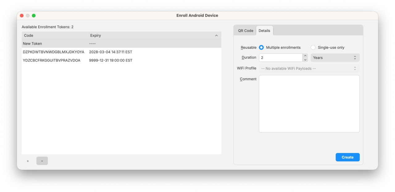 Enroll Android Device details tab showing token duration set to 2 Years