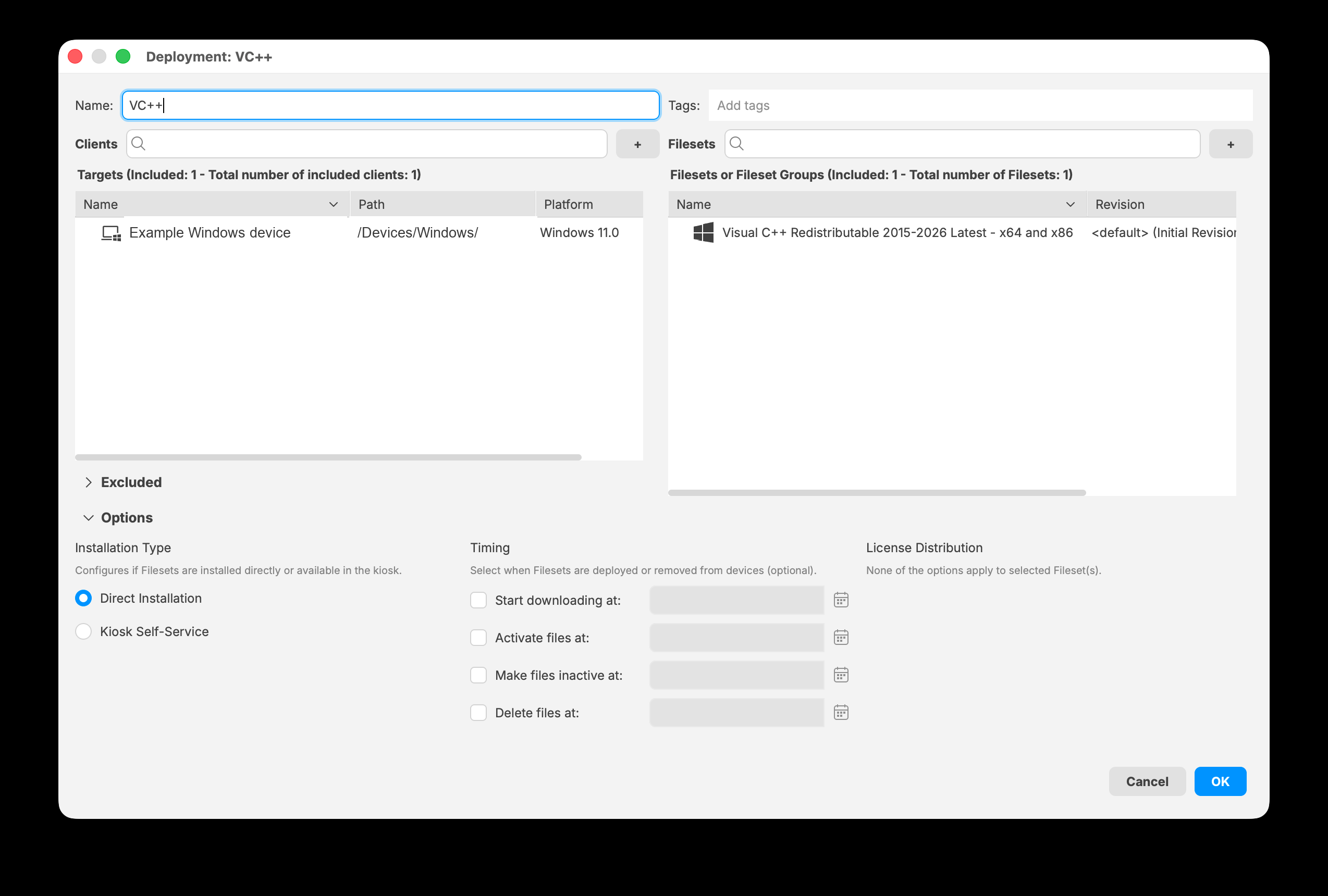 Options section in the FileWave Central 16.4 Deployment editor
