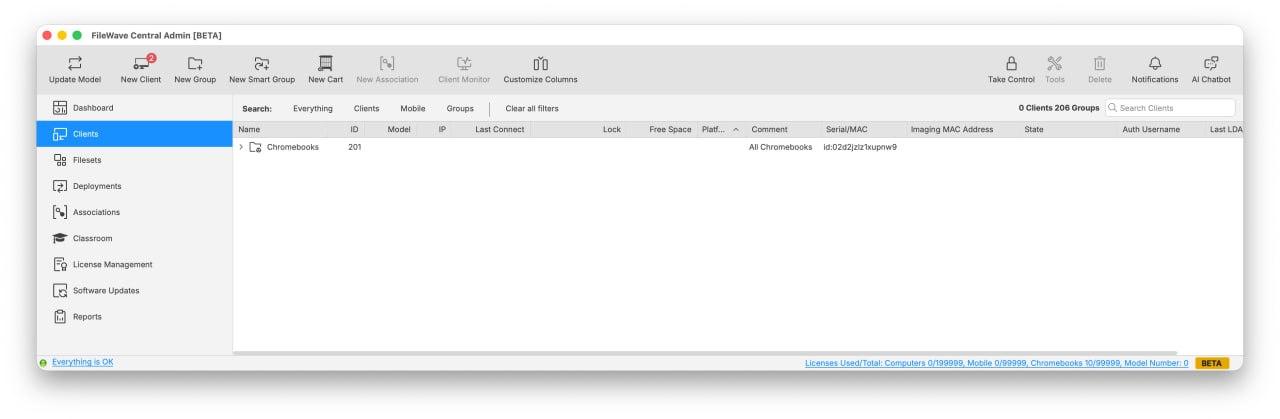 FileWave Central showing the BETA indicator in the window title and bottom-right status area