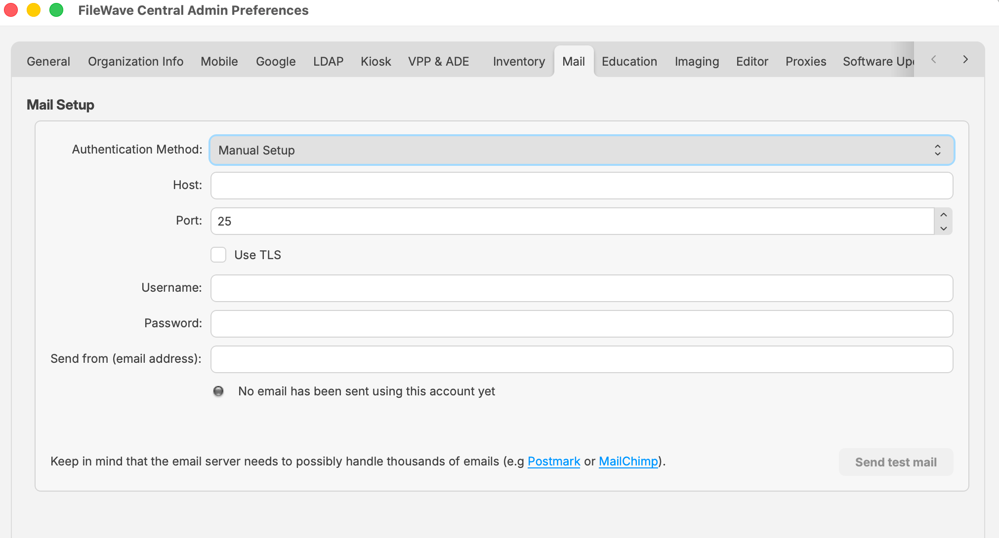 FileWave Central 16.4 Mail Preferences Manual Setup fields