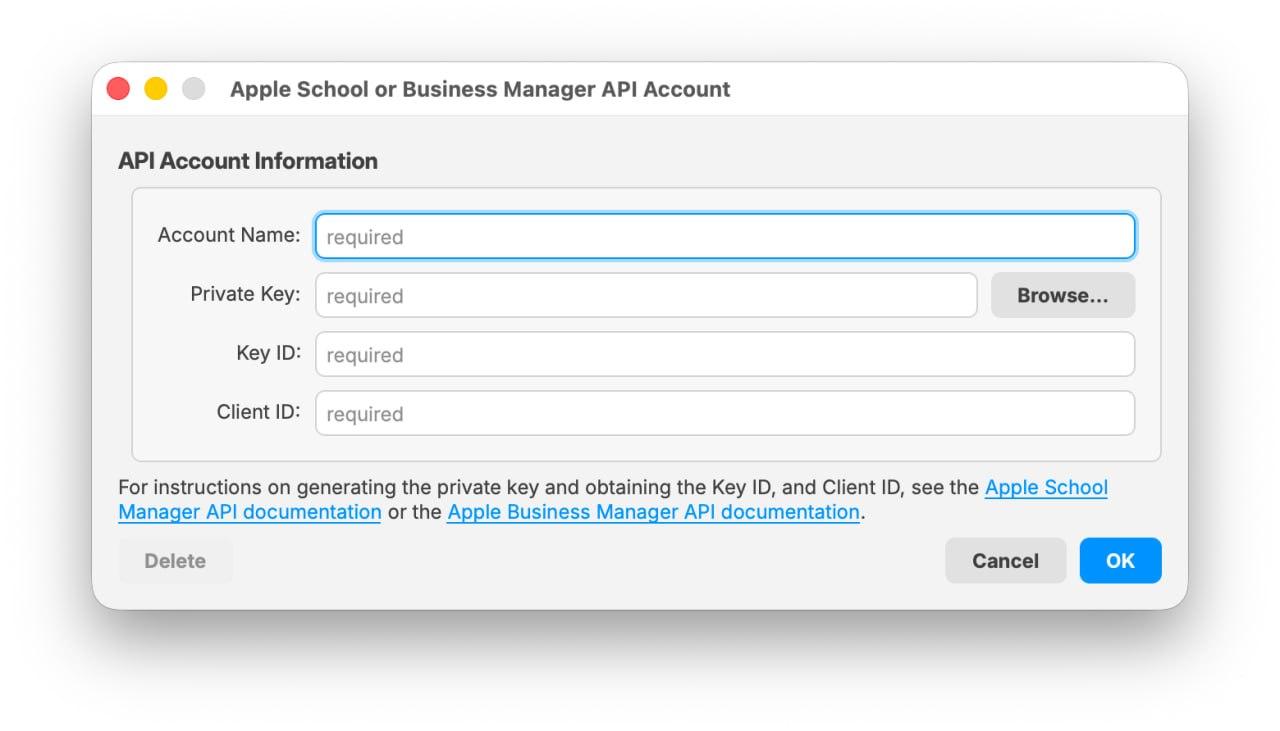 FileWave Central 16.4.0 and later Apple School or Business Manager API Account dialog