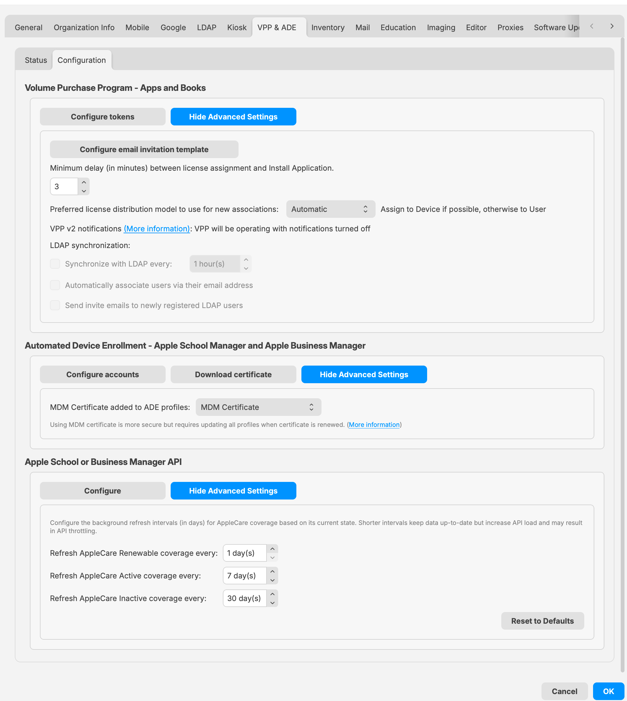 FileWave Central 16.4.0 and later VPP and ADE advanced settings