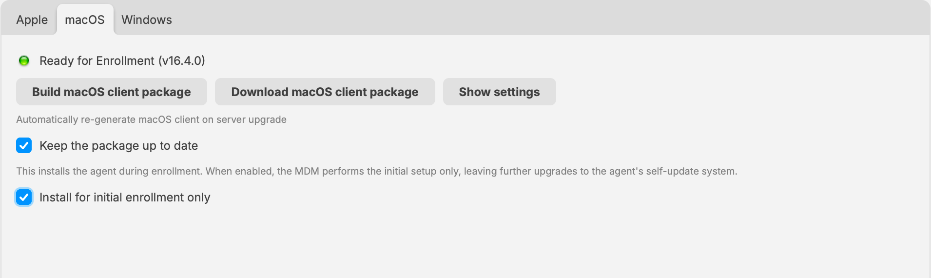 FileWave Central 16.4 macOS client package build and download controls