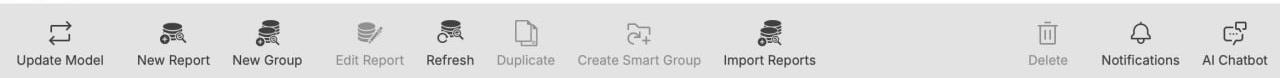 FileWave Central 16.4 Reports toolbar showing report actions, Notifications, and AI Chatbot