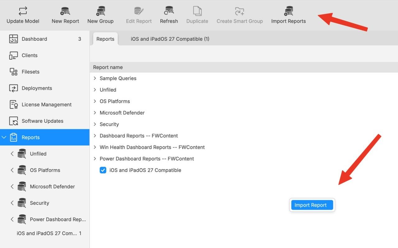 FileWave Central Reports view with arrows pointing to the Import Reports toolbar control and the Import Report right-click action