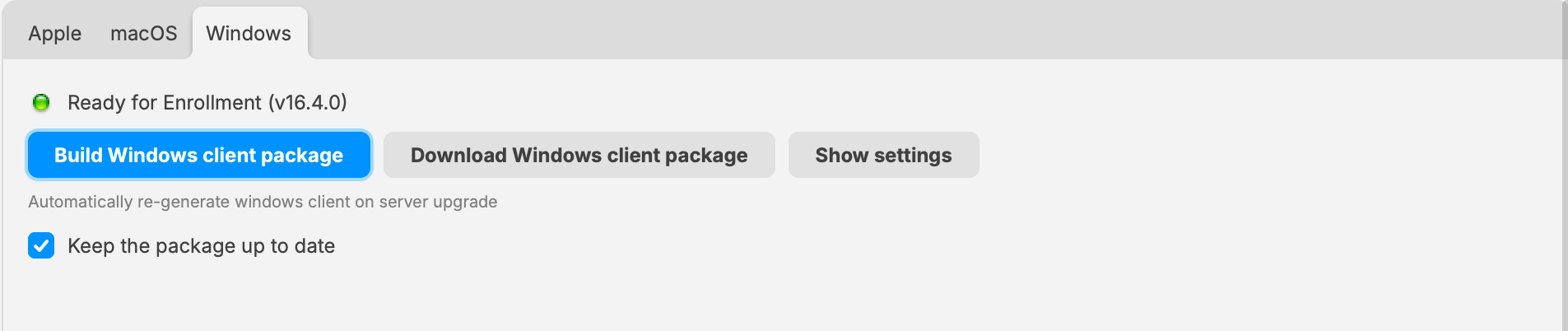 FileWave Central 16.4 Windows client package build and download controls