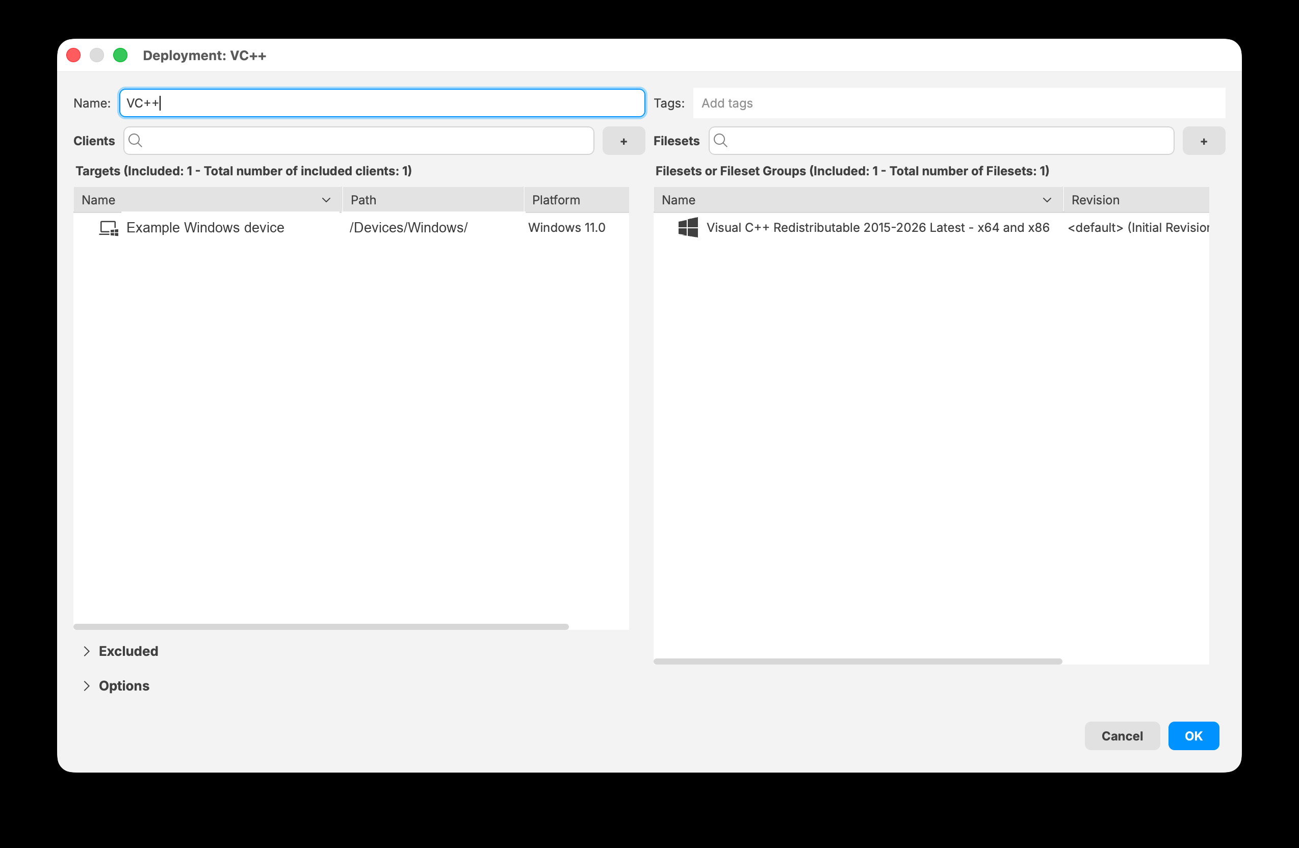 FileWave Central 16.4 unified Deployment editor with targets and Filesets shown together