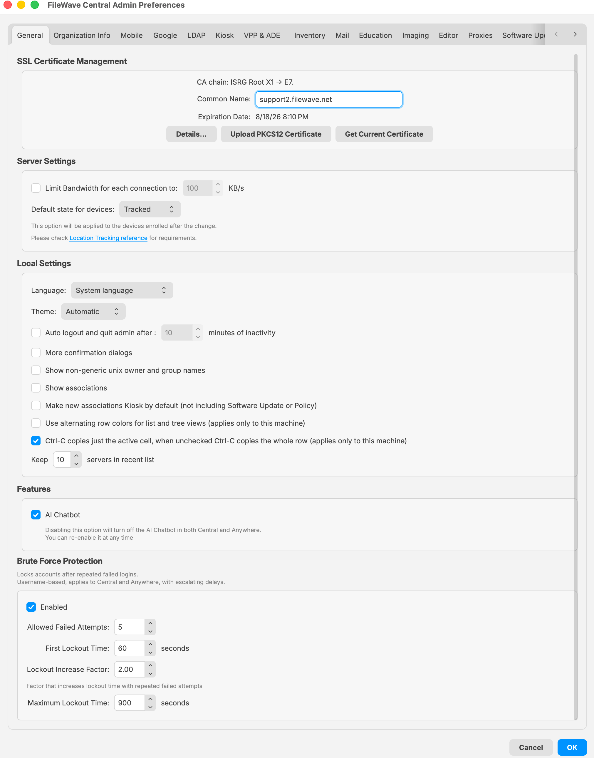 FileWave Central 16.4 General Preferences showing the current Preferences categories and General settings