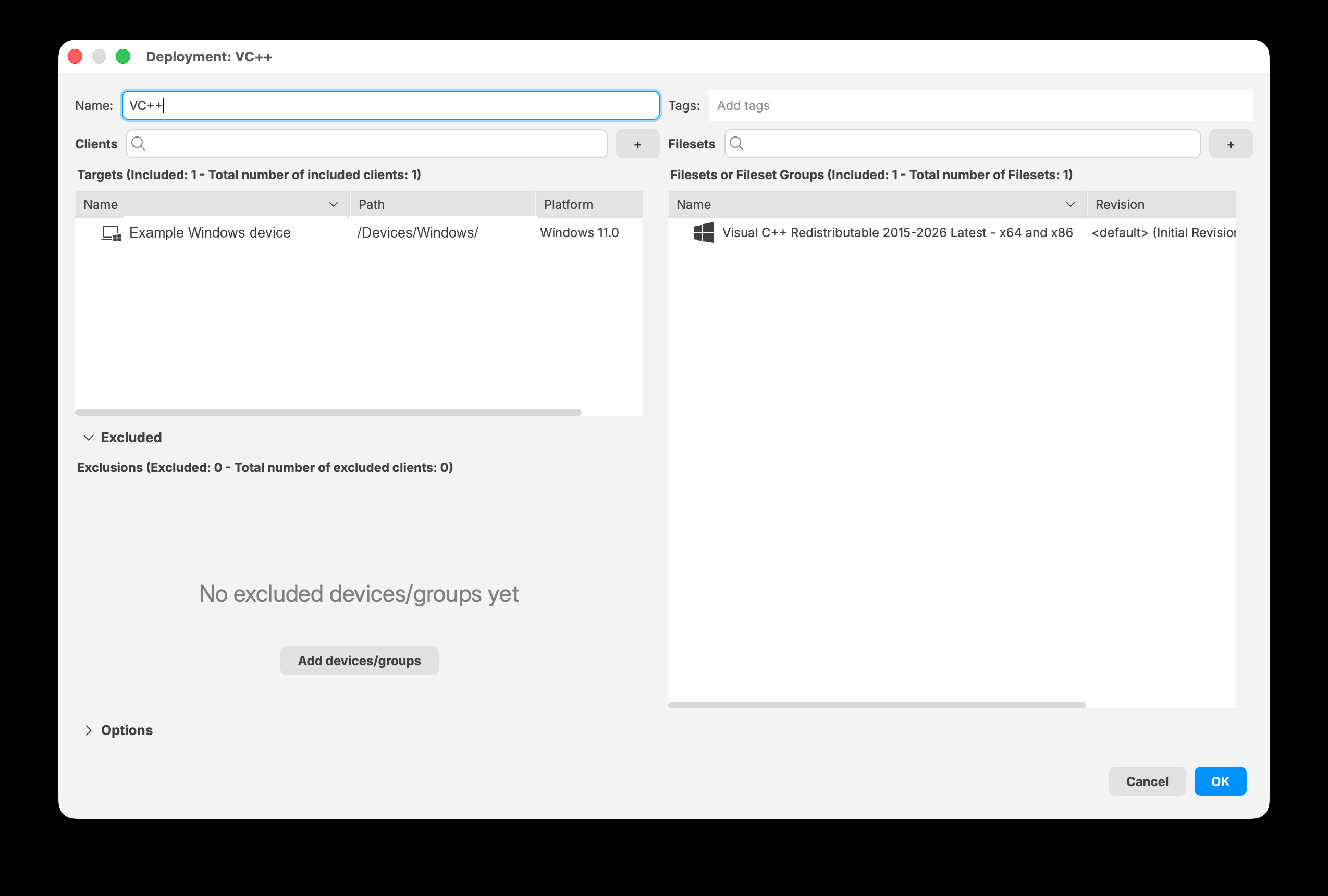Excluded section in the FileWave Central 16.4 Deployment editor