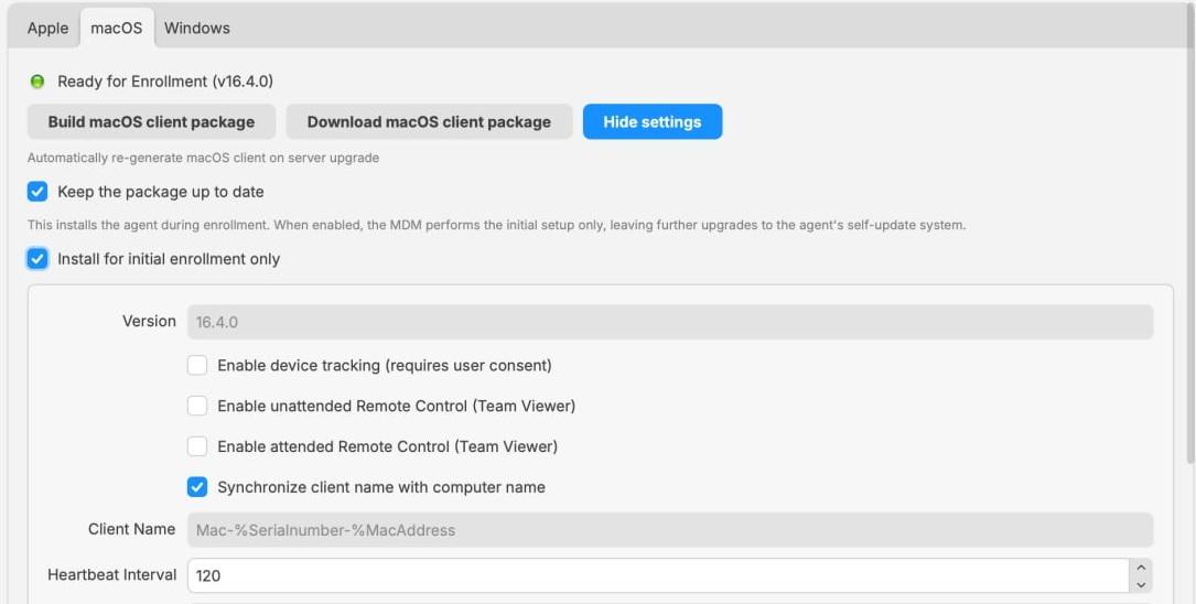 FileWave Central macOS pane showing the rebuilt FileWave Client 16.4.0 package and expanded settings