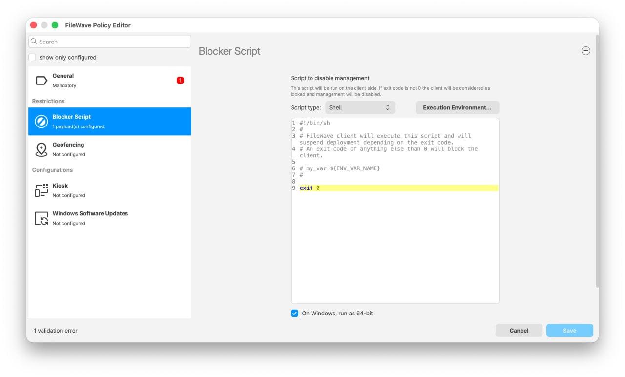 FileWave Policy Editor Blocker Script pane with On Windows, run as 64-bit checked