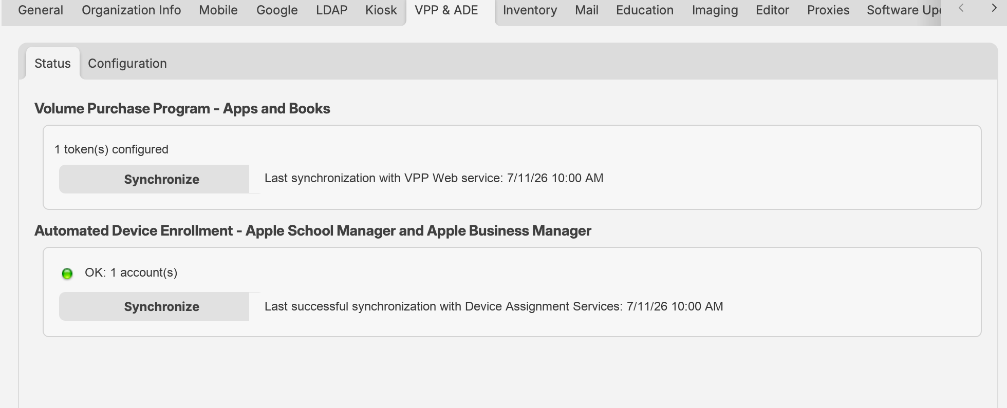 Sanitized FileWave Central 16.4.0 and later VPP and ADE Status tab