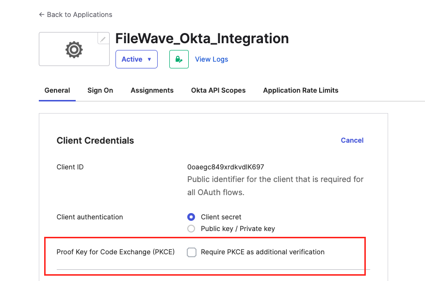 Okta Client Credentials with Proof Key for Code Exchange (PKCE) unchecked