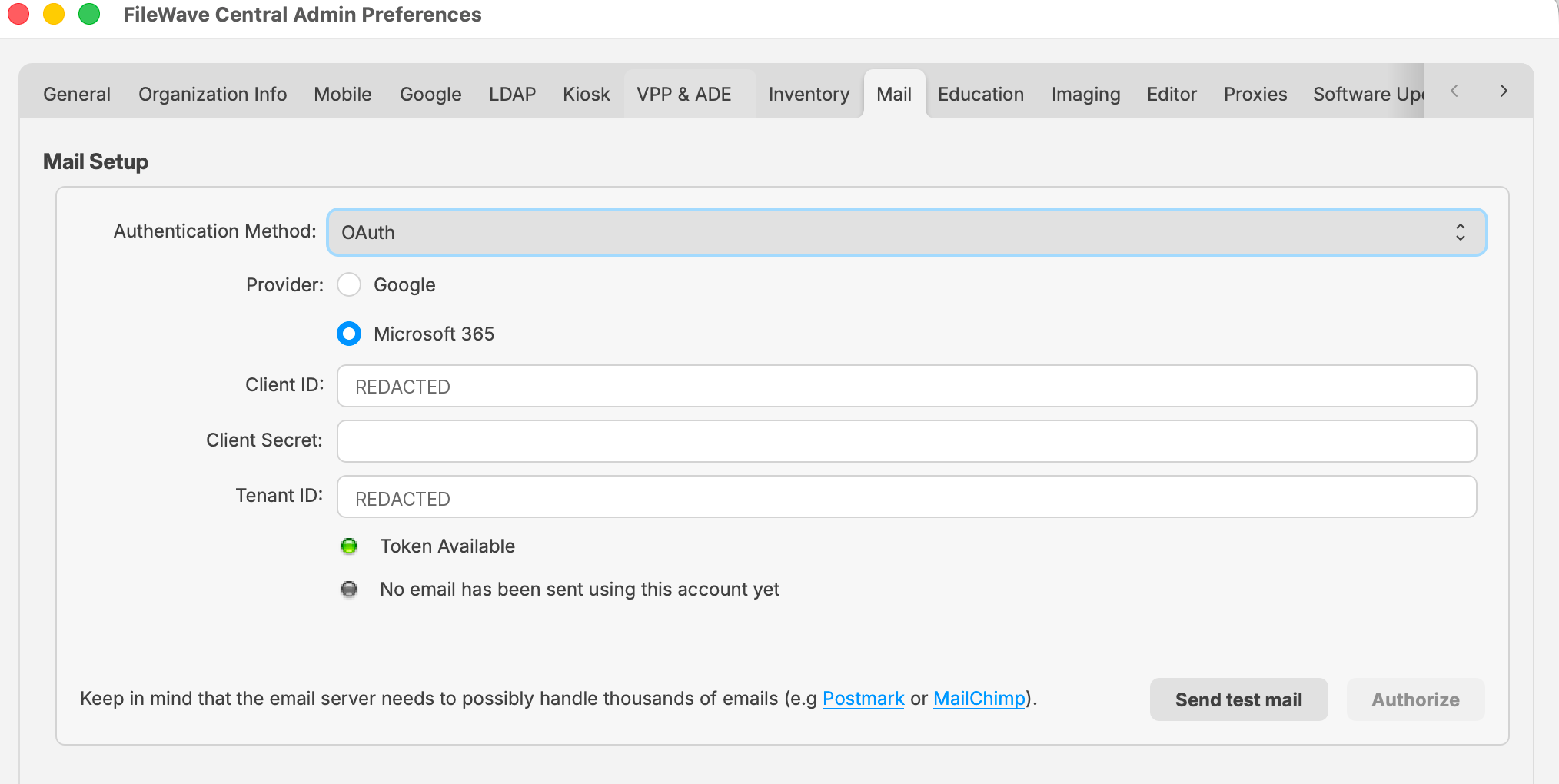 FileWave Central 16.4 Mail Preferences OAuth configuration with Client ID and Tenant ID redacted