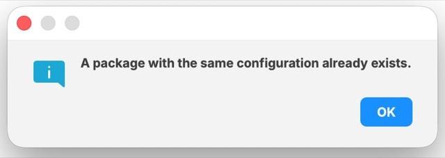 FileWave Central message stating that a package with the same configuration already exists
