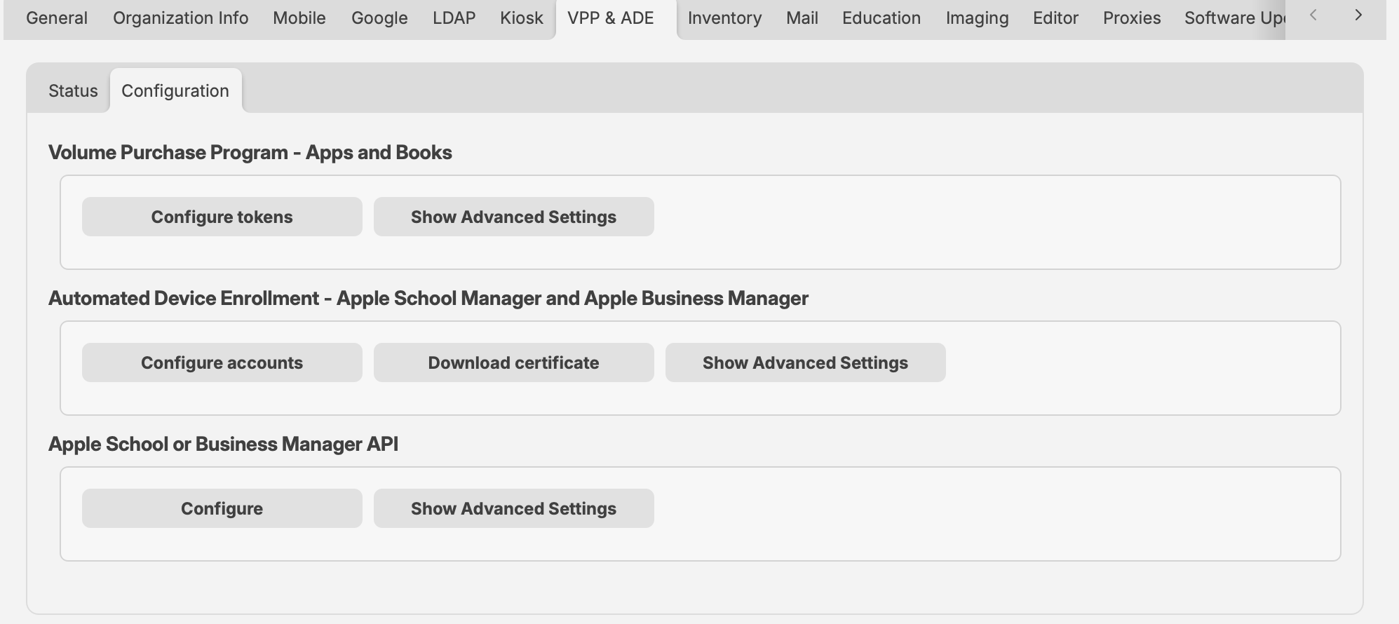 FileWave Central 16.4.0 and later VPP and ADE Configuration tab