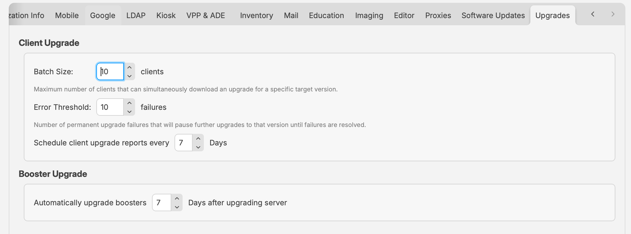 FileWave Central 16.4 Upgrades preferences showing Client Upgrade and Booster Upgrade settings