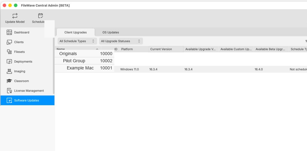 FileWave Central 16.4 Client Upgrades showing an eligible FileWave Client 16.3.4 with a 16.4.0 Beta upgrade available