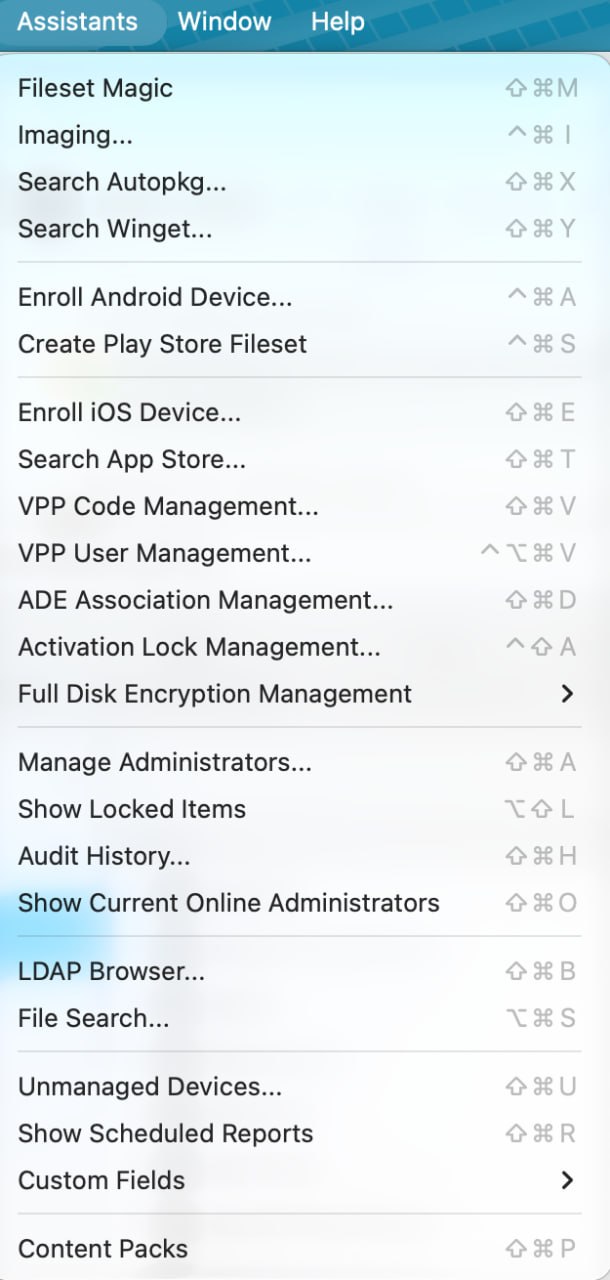 Current Assistants menu in FileWave Central