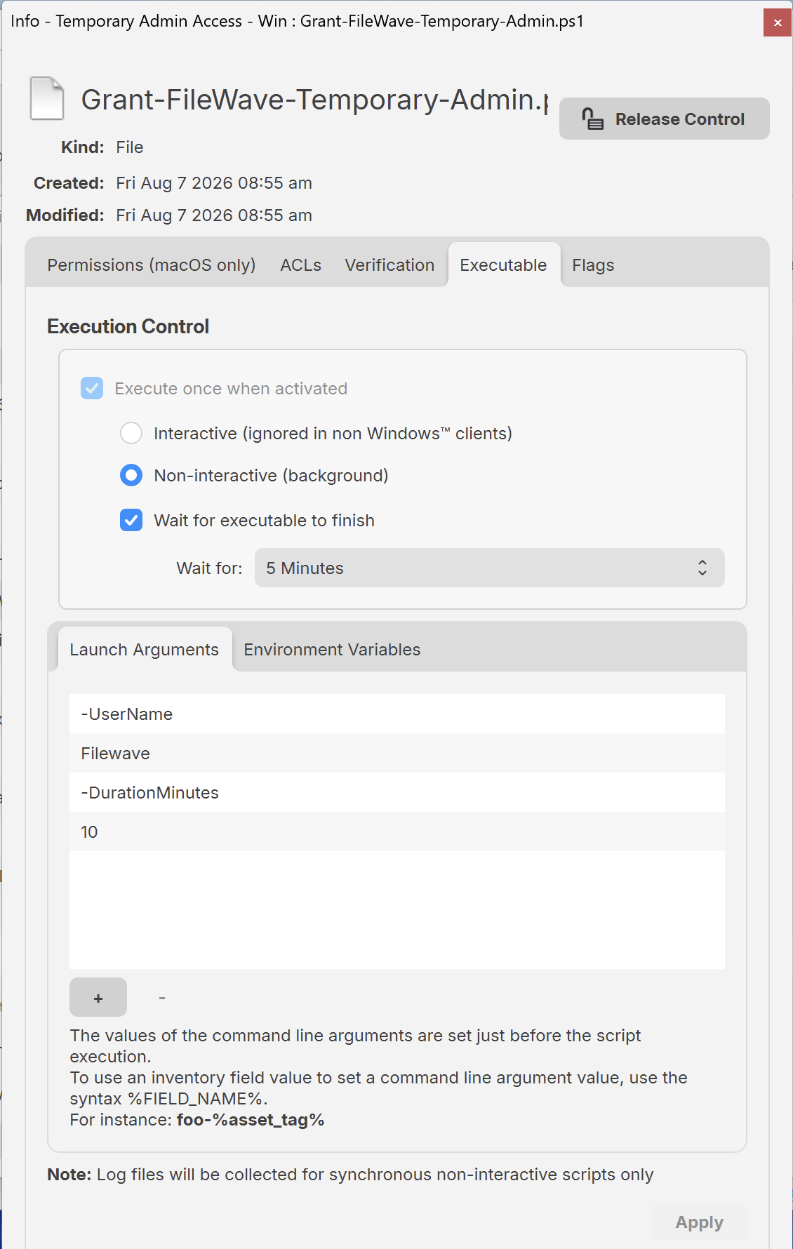 FileWave activation-script settings showing the ordered UserName and DurationMinutes launch arguments