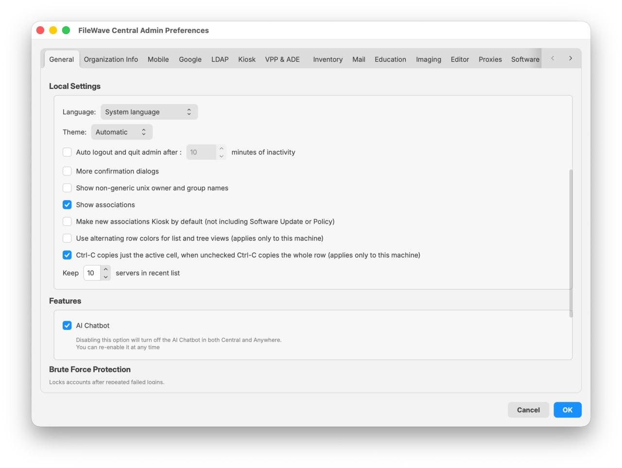 FileWave Central 16.4 General preferences showing Local Settings, AI Chatbot, and the beginning of Brute Force Protection