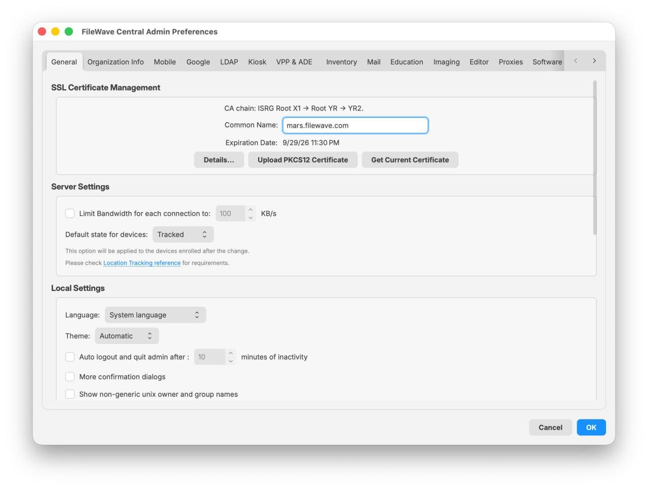 FileWave Central 16.4 General preferences showing SSL Certificate Management, Server Settings, and the beginning of Local Settings