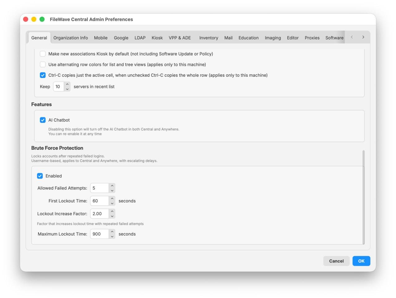 FileWave Central 16.4 General preferences showing AI Chatbot and Brute Force Protection settings