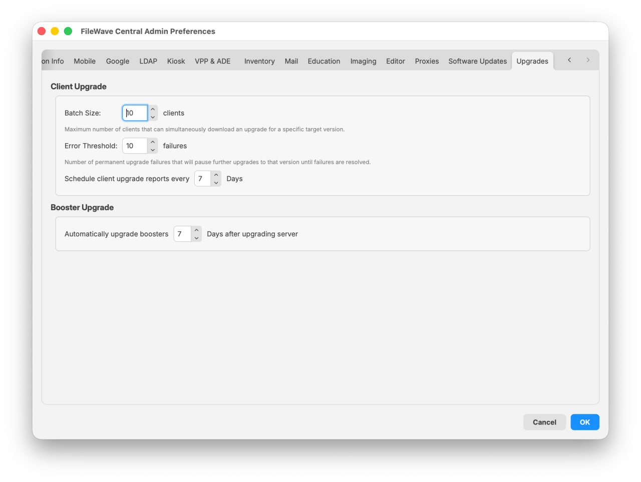 FileWave Central 16.4 Upgrades preferences showing Client Upgrade batch, failure, report, and Booster Upgrade delay settings