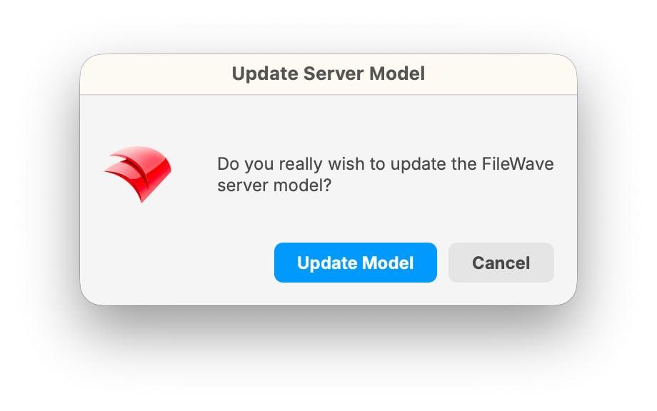 FileWave Central Update Server Model confirmation with Update Model and Cancel buttons