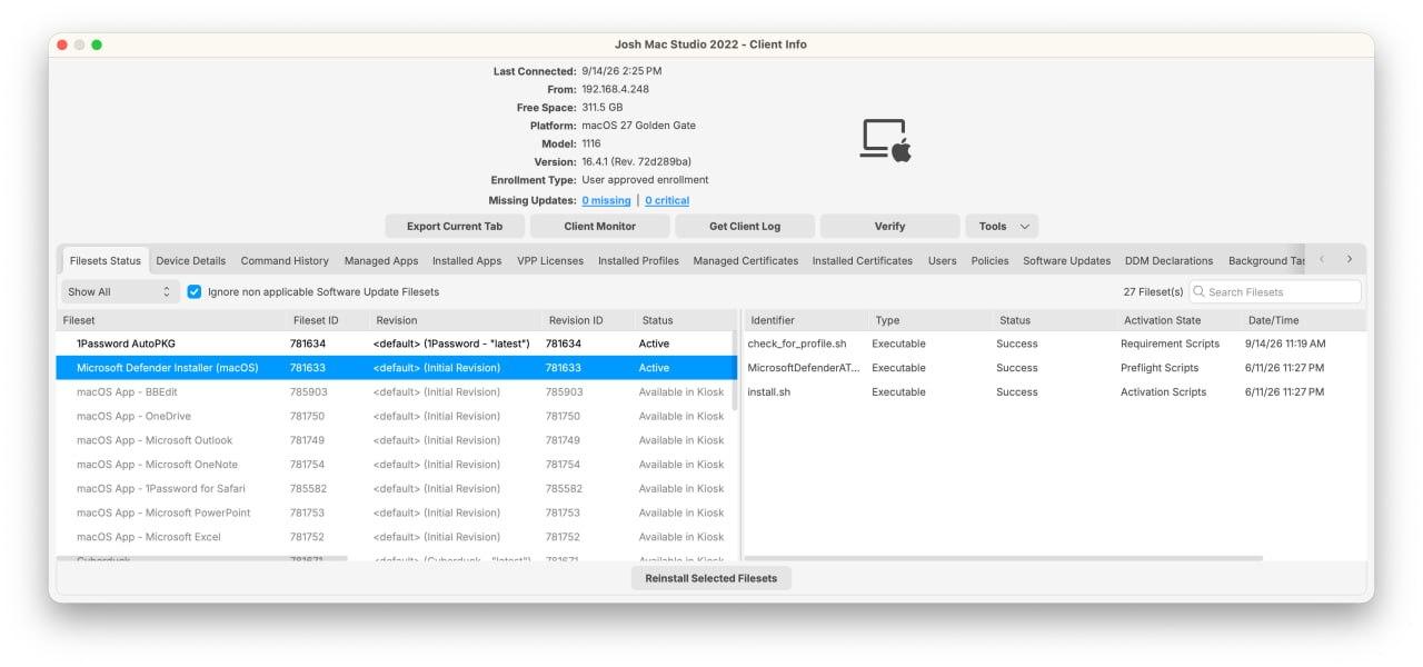 FileWave Central Filesets Status showing Microsoft Defender Installer (macOS) Active and three script results marked Success
